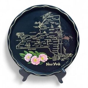 New York State 11" black map tray with pink flowers from the 50's